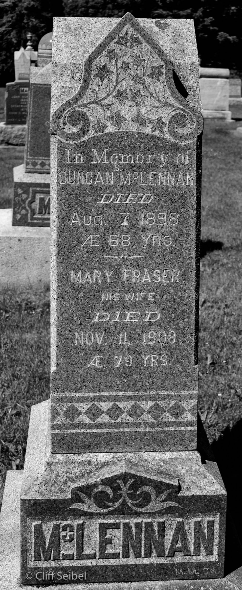 Photo of headstones/Duncan McLennan d1898 & Mary Fraser d1908 hdstn Dunvegan Cem,  Ontario